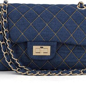 Quilted Denim Crossbody Bags for Women, Chain Strap Shoulder Bags, Medium Double